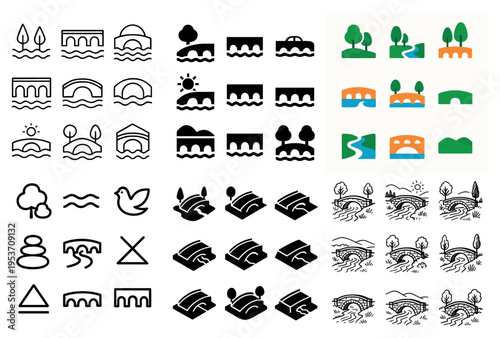 Landscape icons with bridge river trees flat