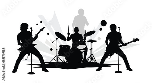 A dynamic band performing on stage featuring a guitarist drummer and bassist depicted in silhouette high quality professional detailed modern elegant