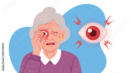 Elderly woman suffering from a red and inflamed eye while looking distressed, illustrating a common age-related eye condition or infection.