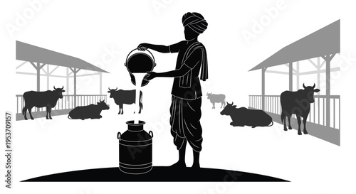 A rural scene depicts a farmer pouring milk from a bucket into a can with cows in silhouette high quality professional
