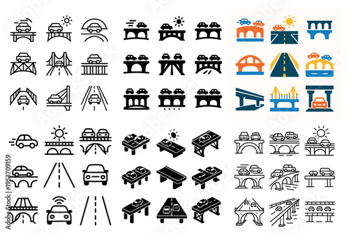 Transportation icons with bridges and cars flat