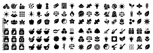 Herbal icons with leaf apple mortar flat silhouettes