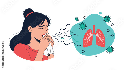 Woman coughing into a tissue while an anatomical lung illustration shows viral infection, representing respiratory illness or coronavirus symptoms.