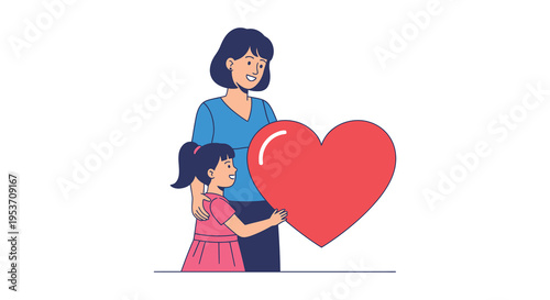 A mother and daughter embrace a large red heart showcasing affection and familial bonds in a flat vector silhouette high quality
