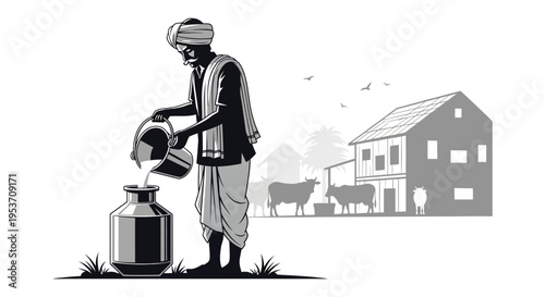 An illustration depicts a man pouring milk into a container with rural scenery presented as a silhouette high quality professional detailed