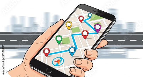 Hand Holding Smartphone Displaying Navigation App with Route.