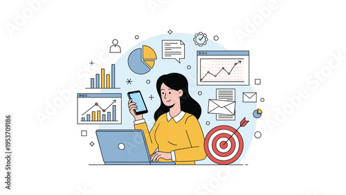Professional businesswoman managing multiple tasks at her desk with a laptop and phone, surrounded by business data charts and a target icon.