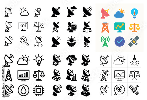 Communication icons with satellite dish antenna minimal