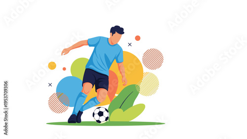 Energetic young man playing soccer and dribbling the ball across a field, set against a background of dynamic colorful circles and shapes.