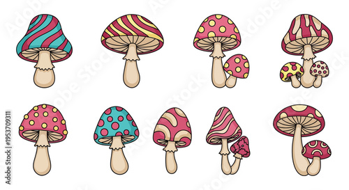 A vibrant collection of cartoon mushrooms with swirling patterns and dotted caps against a simple white background silhouette high quality professional
