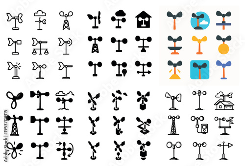 Wind icons with anemometer turbine fan outline flat