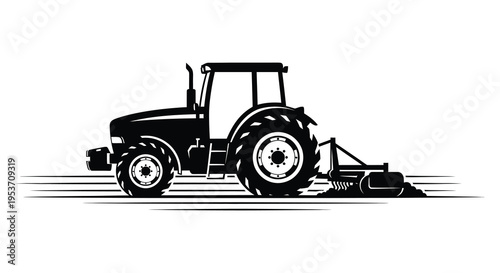 A black silhouette of a modern tractor plowing a field with dynamic lines suggesting movement silhouette high quality professional detailed elegant