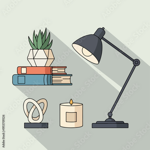 A modern illustration of a desk featuring decor like books and a lamp