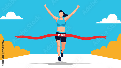 Triumphant woman crossing the finish line of a marathon with her arms raised in victory against a clear blue sky and sunny road.