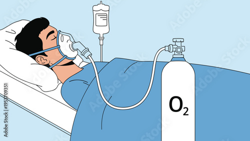 Critically ill man lying in a hospital bed while breathing through an oxygen mask and receiving intravenous fluids from a medical drip bag.