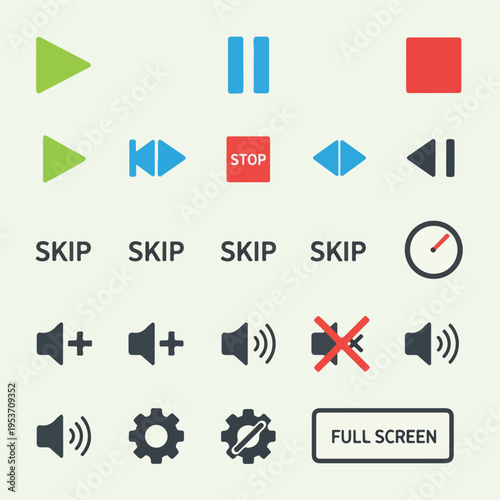 A set of media player controls with various shapes and text labels