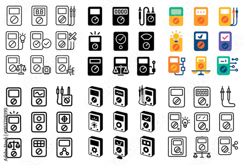 Electrical meter icons with probes and display flat