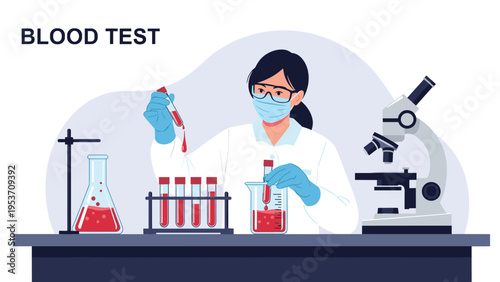 Female scientist wearing a mask and goggles while conducting blood test research with test tubes and a microscope in a modern laboratory.