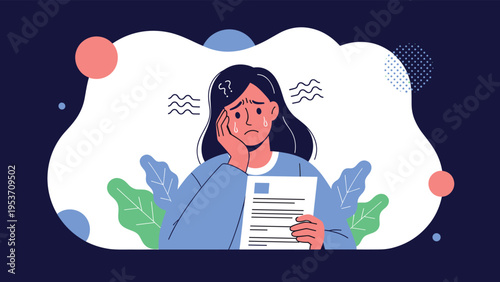Young woman looking anxious and sweating while holding a document or bill, illustrating stress from work or financial problems in vector style.
