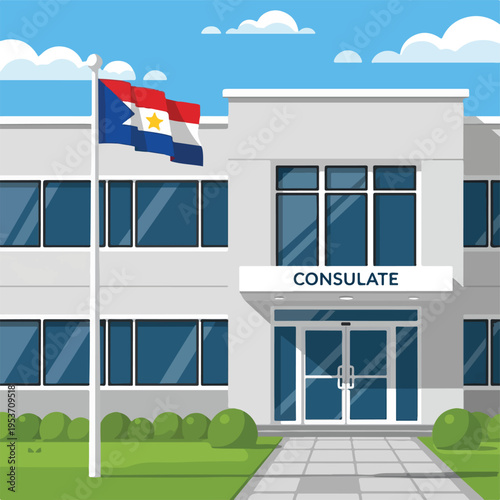 A modern, minimalist consulate building with a flag waving in the sky