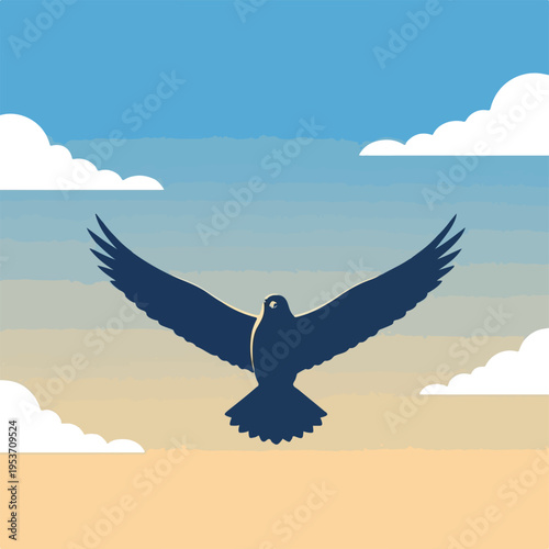 A silhouette of a flying bird with wings spread, in a colored sky