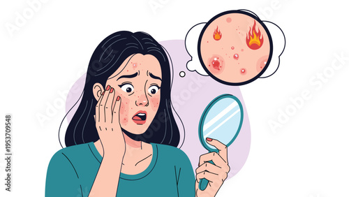 Young woman looking shocked in the mirror while seeing acne and skin inflammation on her face, representing dermatological problems.