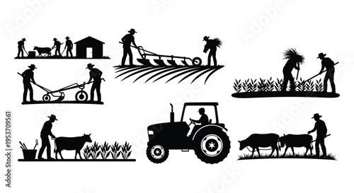 A collection of black silhouettes depicting various farming scenes including people animals and machinery silhouette high quality professional detailed modern elegant