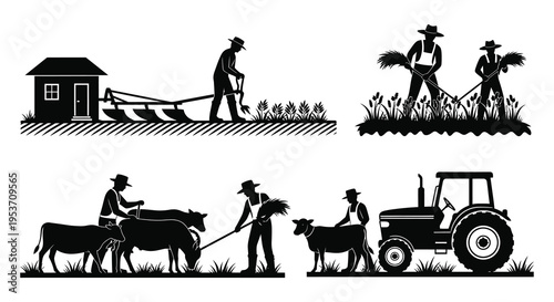 Vintage farm scenes depict rural life with a farmer plowing harvesting and tending livestock a silhouette high quality professional detailed