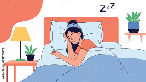 Young woman sleeping peacefully in a comfortable bed with a soft pillow and blanket for a healthy and restorative night's rest.