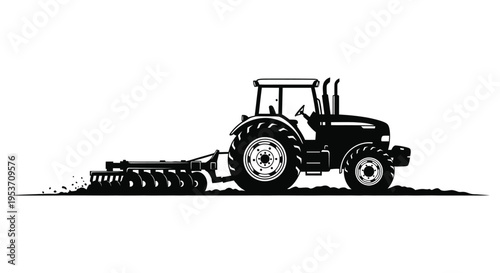 A detailed black silhouette of a modern agricultural tractor plowing a field showcasing rural machinery silhouette high quality professional elegant stylish