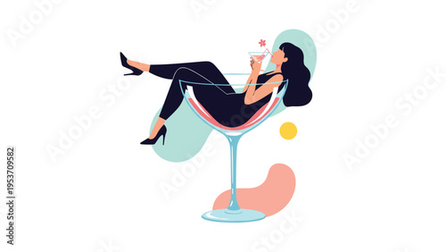 Fashionable woman relaxing and drinking while lounging inside a giant martini cocktail glass, representing a fun party or leisure lifestyle.