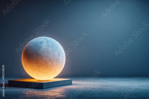 energy source concept glowing sphere on base in minimal dark background with copy space