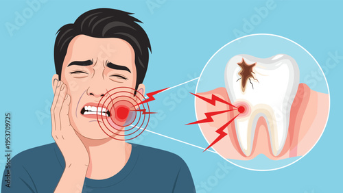 Suffering man experiencing a severe toothache with a detailed diagram showing a large cavity and dental nerve inflammation.