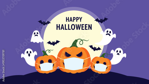 Three carved orange pumpkins wearing white medical face masks for a safe Halloween celebration during a pandemic with ghosts and bats.