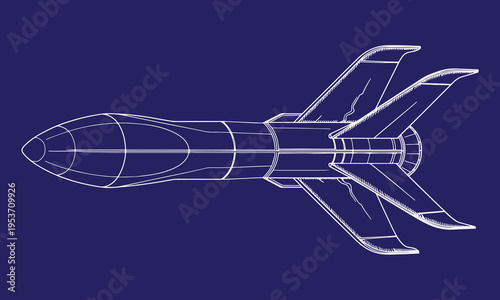 Hand-drawn Ballistic and Hypersonic Missile Line Art Illustration, Technical Military Weapon Sketch