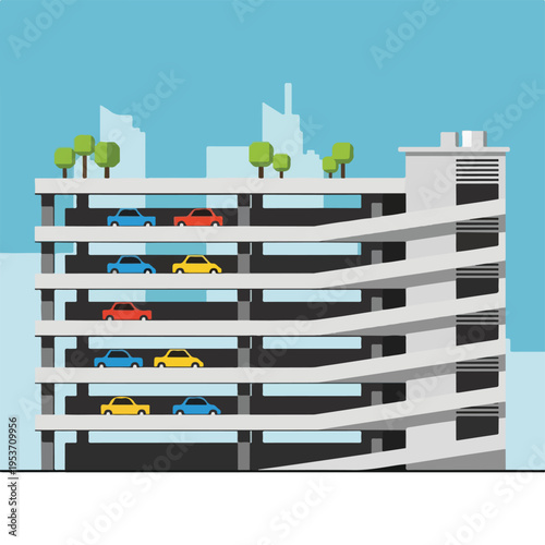 A multi-level parking structure with parked cars and green rooftop trees