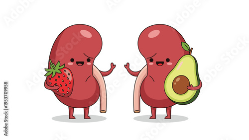 Two happy cartoon kidney characters holding a red strawberry and a green avocado to represent healthy food for renal wellness.