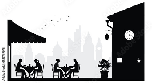 A minimalist scene depicts an outdoor cafe with diners a cityscape and a clock rendered as a silhouette high quality professional