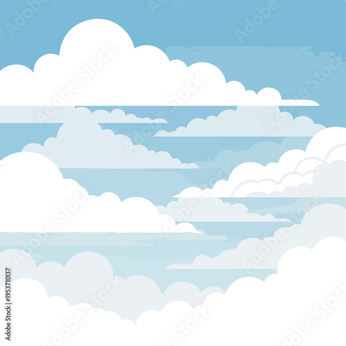 A stylized illustration of a blue sky filled with puffy white clouds