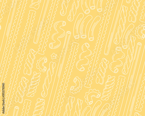 Seamless pattern with different types of pasta on a yellow. Outline illustrations of italian pasta of different shapes, spaghetti, dry macaroni. Pattern for menu, Italian cuisine restaurant.