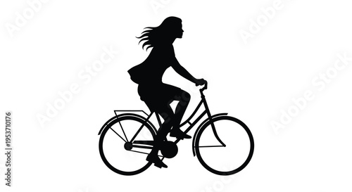A striking black silhouette depicts a woman dynamically riding a bicycle capturing a sense of freedom and motion silhouette high quality