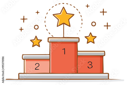 Cartoon winners podium with a gold star trophy for first place achievement and success concept illustration