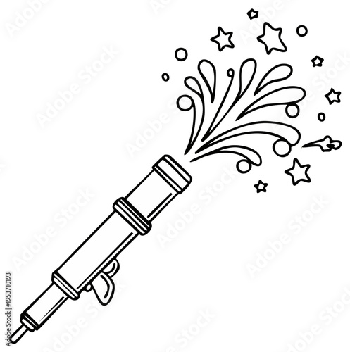 Line art design of party popper firing stars and confetti, creating a celebratory atmosphere for special occasions, events or holidays.