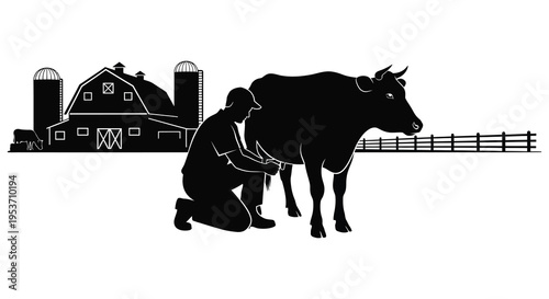 A black silhouette depicts a farmer tending to a cow on a rural farm with barns and fencing silhouette high quality
