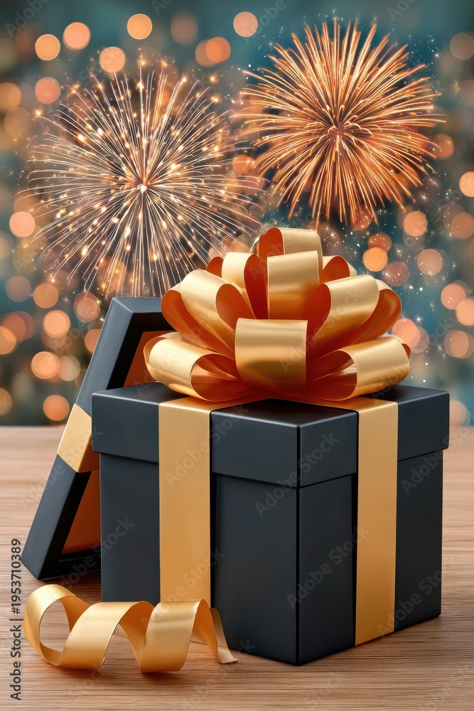 Fototapeta premium Black gift box with golden ribbon and fireworks background for celebration and party moments