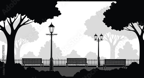 A serene park scene with trees benches and lampposts is depicted in a striking black silhouette high quality professional detailed modern