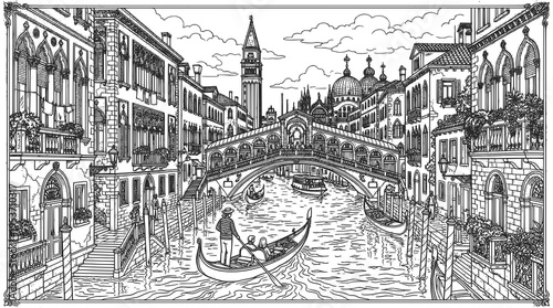 Venice coloring page drawing illustration for adult