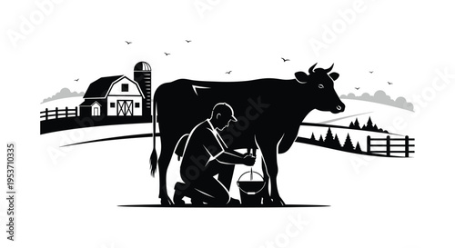 A tranquil rural scene depicts a farmer milking a cow with a barn and birds in the background silhouette high quality