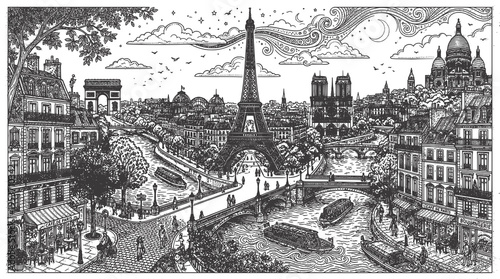 Paris coloring page drawing illustration for adult