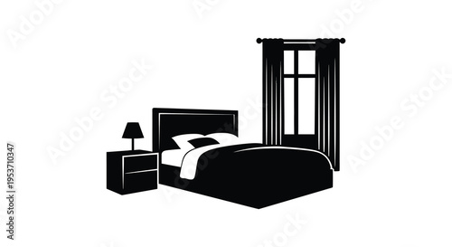 A stark black silhouette depicts a bedroom scene with a bed nightstand lamp and window with curtains silhouette high quality professional